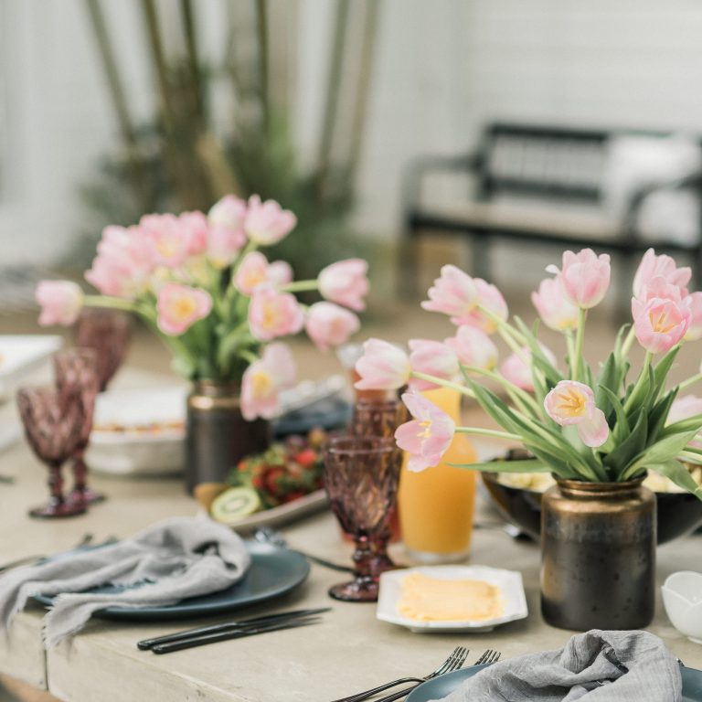Oh Happy Day set table with neutrals, gray accents and light pink tulips