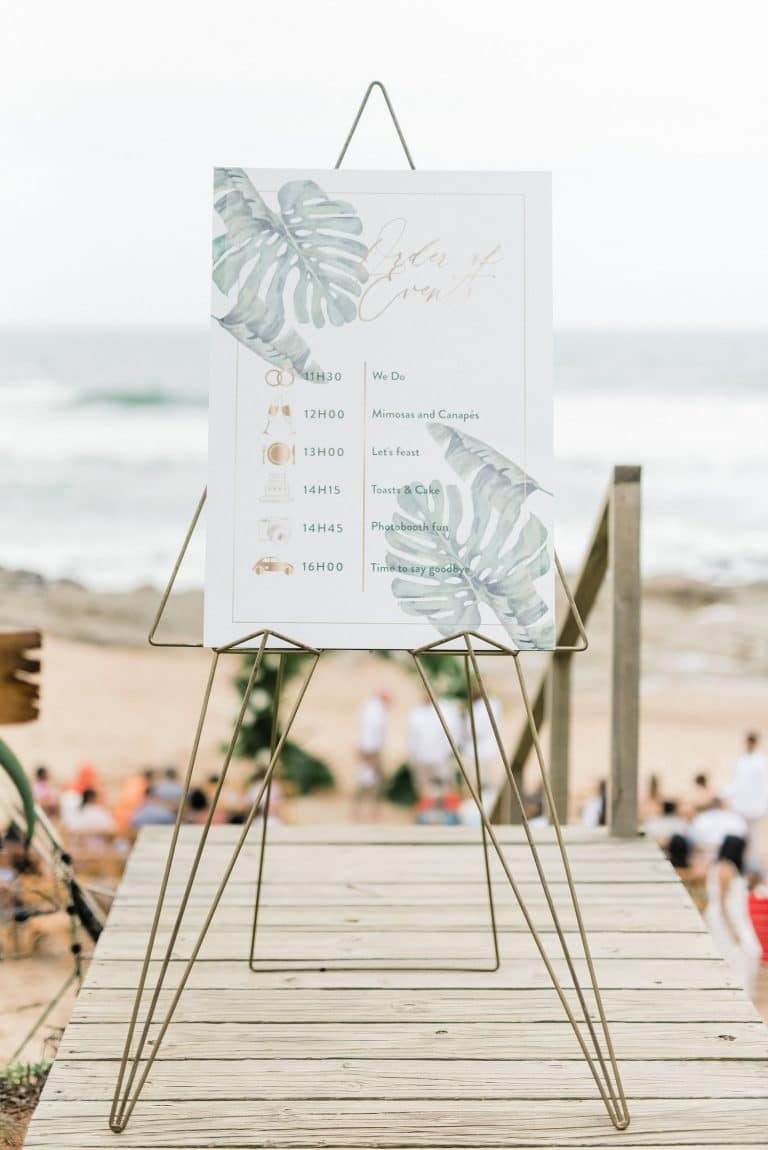 tropical-beach-wedding-watercolor-monstera-leaf-signage