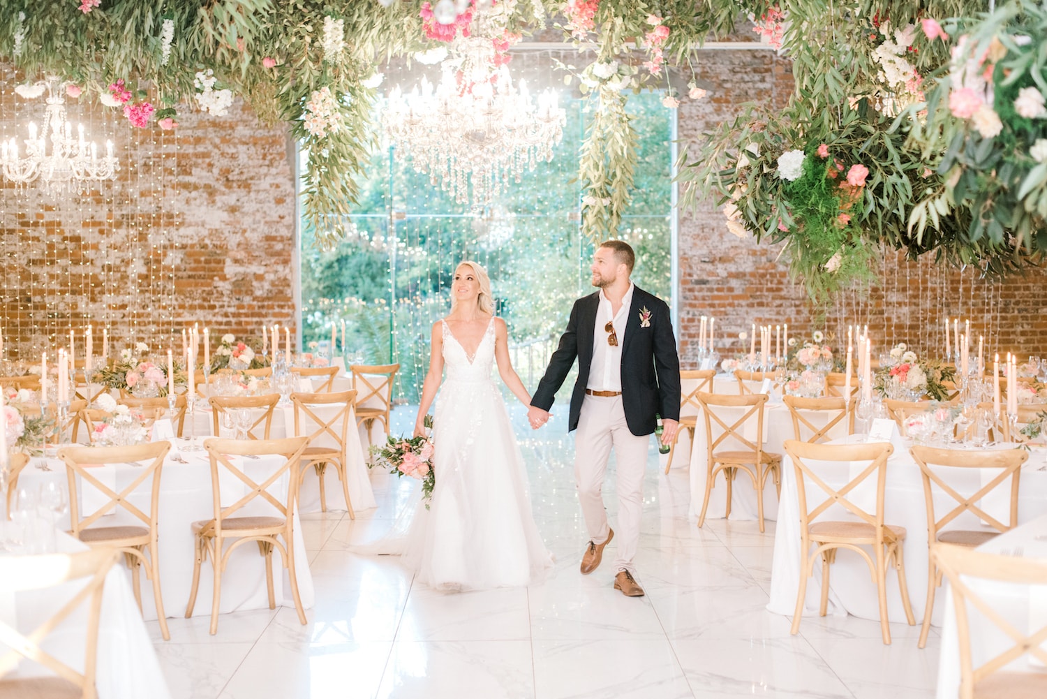 bride and room seeing reception room for first time