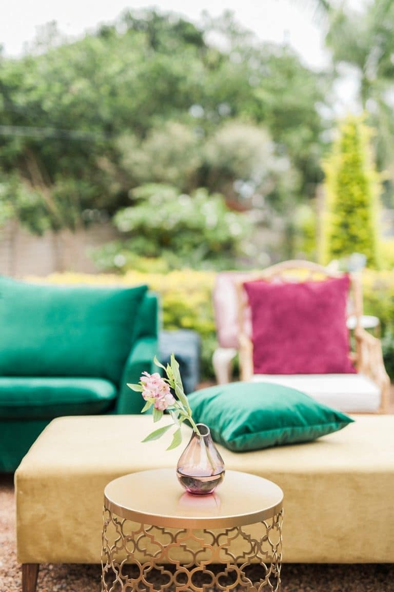 colourful velvet seating for at-home wedding