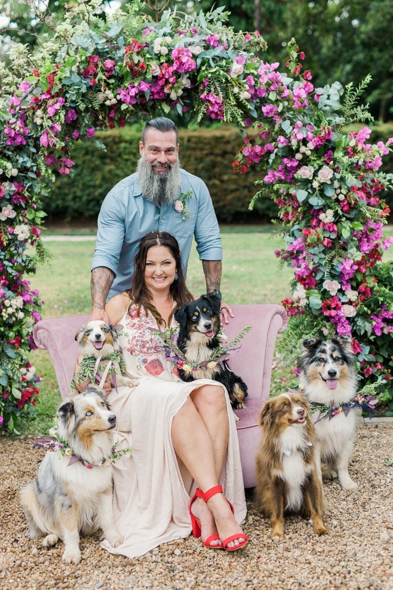 bride and groom with dog attendants