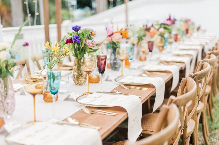 colourful table décor for at-home garden wedding