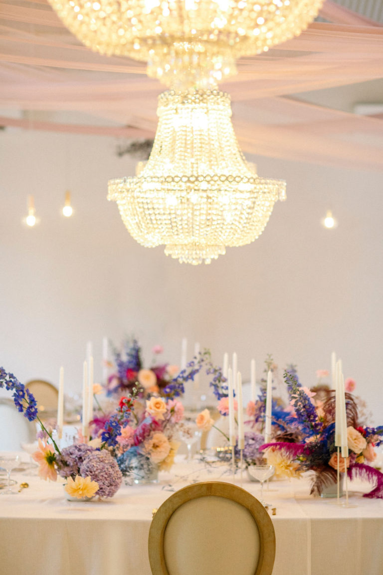 whimsical glamour wedding reception chandeliers